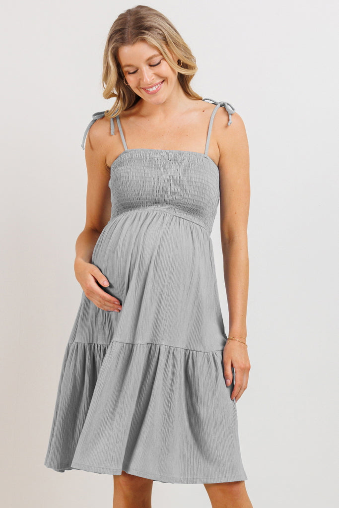 Grey Smocking Tube Maternity Flare Dress