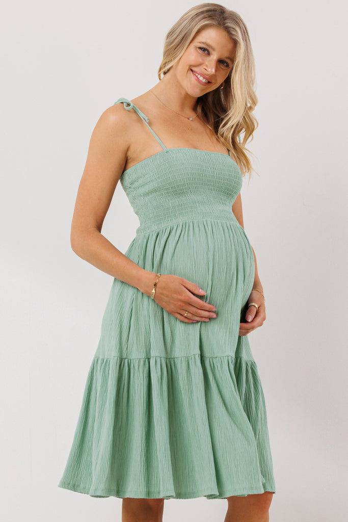 Sage Smocking Tube Maternity Flare Dress