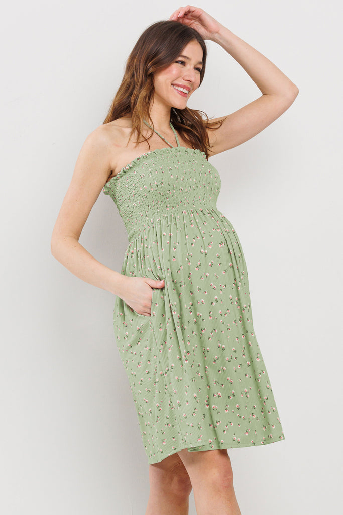 Sage Smocking Halter Top Maternity Mini Dress