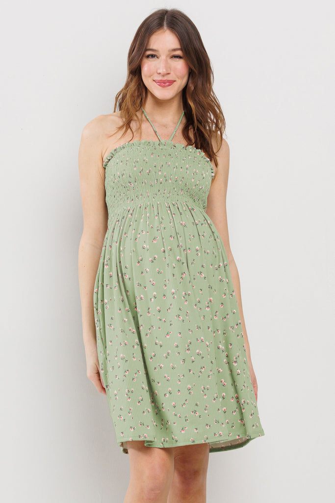 Sage Smocking Halter Top Maternity Mini Dress