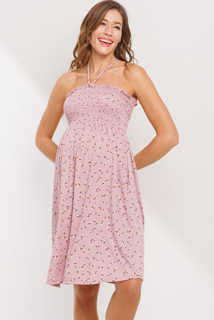 Mauve Smocking Halter Top Maternity Mini Dress