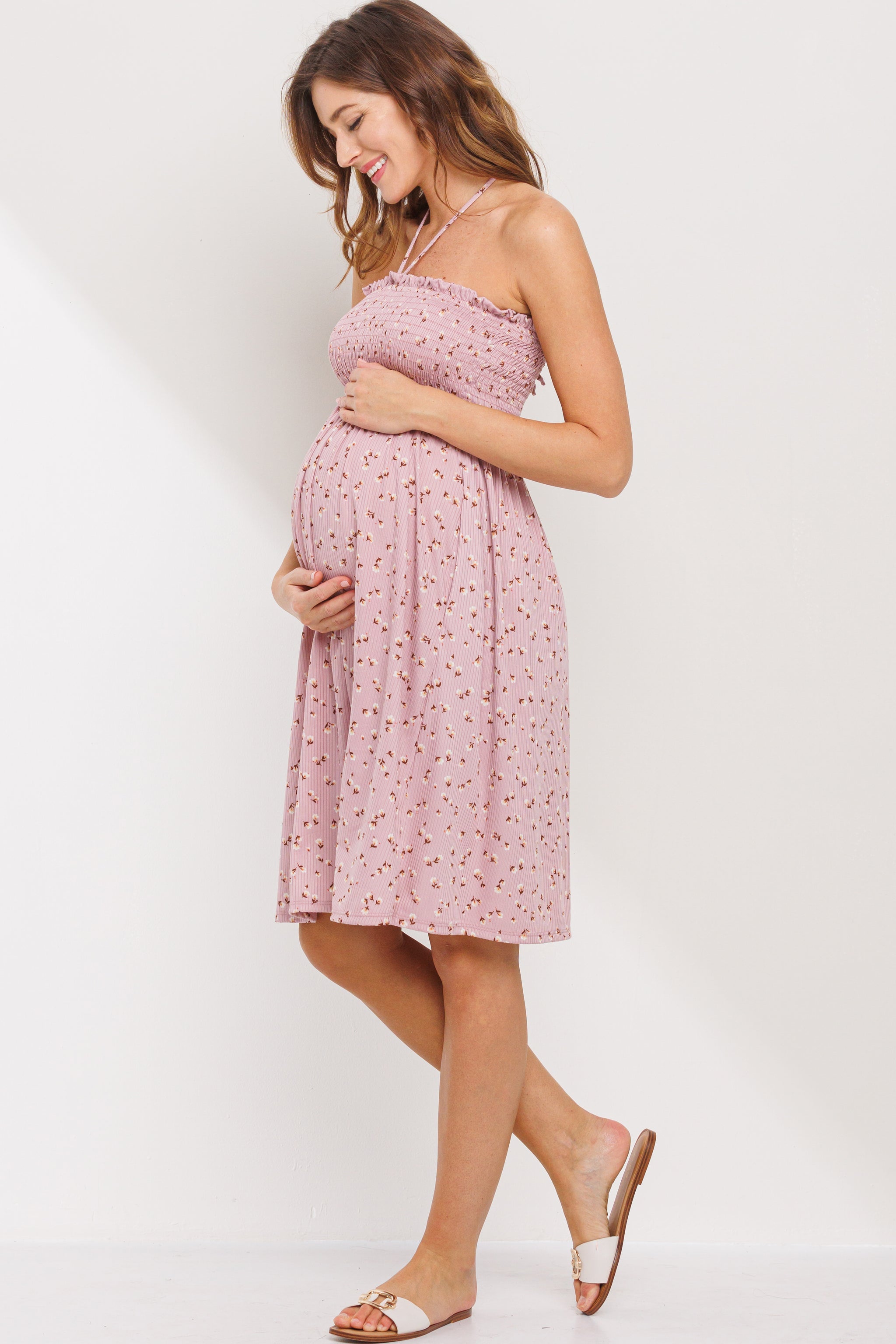 halter top maternity dress Smocking Mini MAUVE / SMALL Size:x-large blue white The for a little Anne Red Puff Sleeve