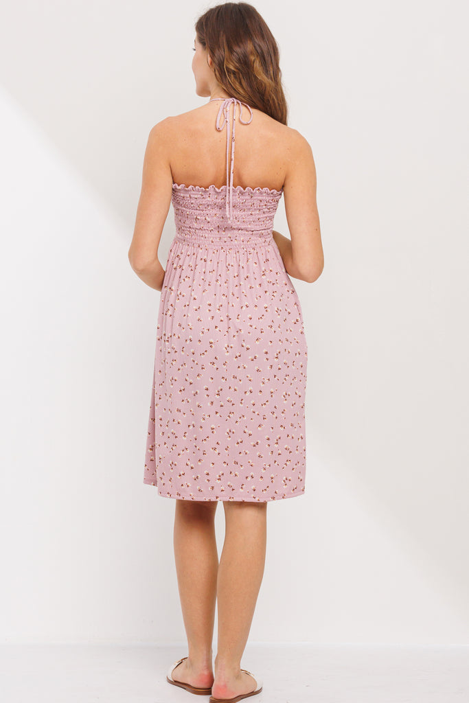 Mauve Smocking Halter Top Maternity Mini Dress