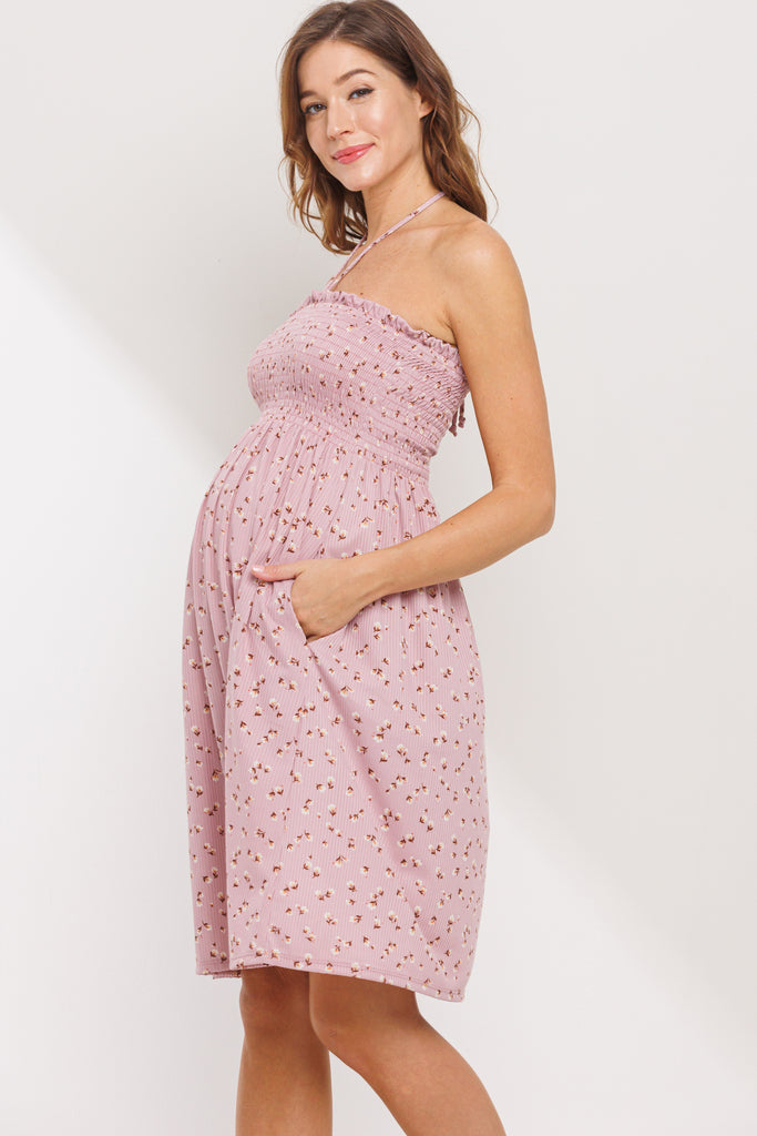 Mauve Smocking Halter Top Maternity Mini Dress