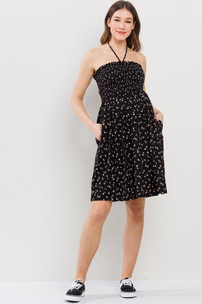 Black Smocking Halter Top Maternity Mini Dress