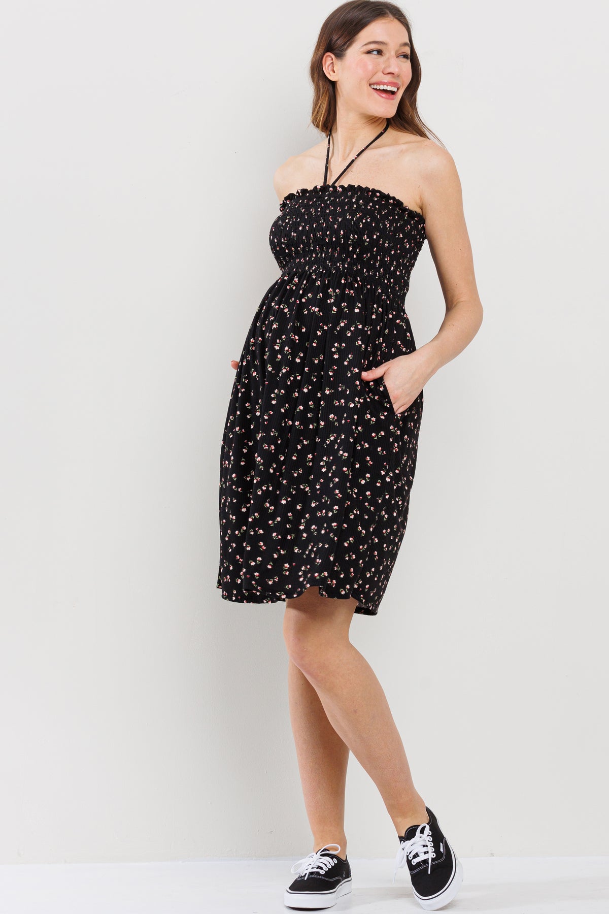 Black Smocking Halter Top Maternity Mini Dress