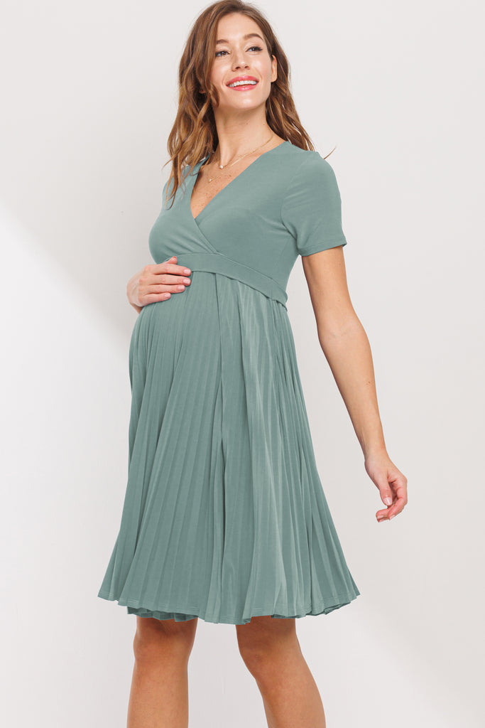 Sage Pleated V-Neck Short Sleeve Maternity Dress