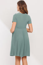 Sage Pleated V-Neck Short Sleeve Maternity Dress