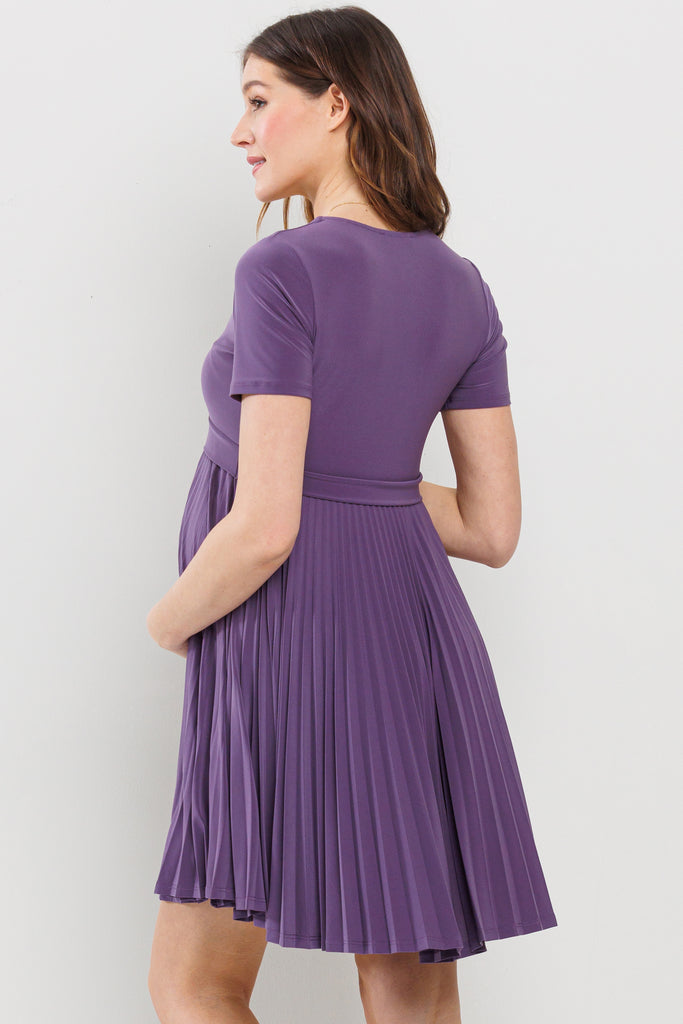 Dusty Purple Pleated V-Neck Short Sleeve Maternity Dress