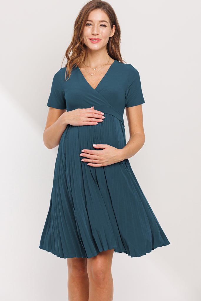 Teal Pleated V-Neck Short Sleeve Maternity Dress