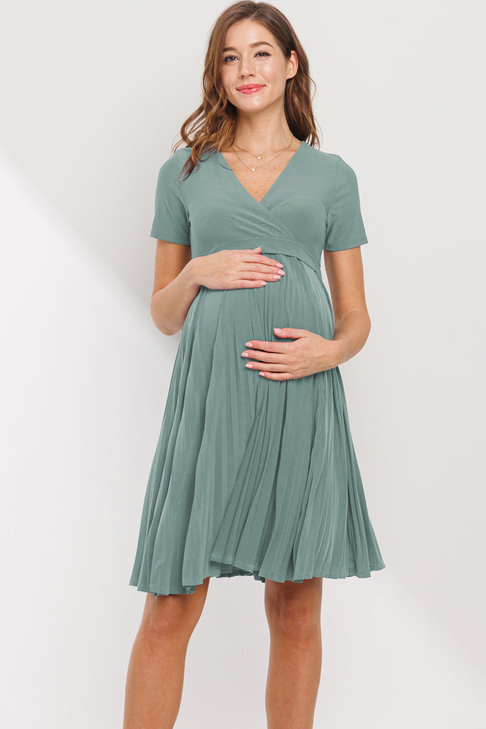 Sage Pleated V-Neck Short Sleeve Maternity Dress