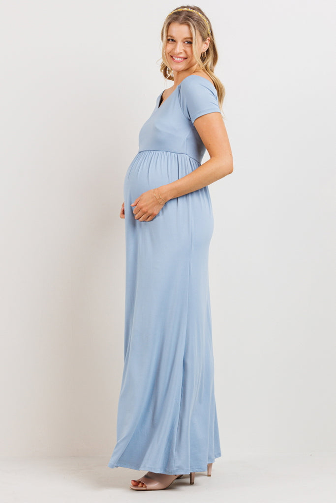 Chambray Off Shoulder Surplice Maternity Maxi Dress