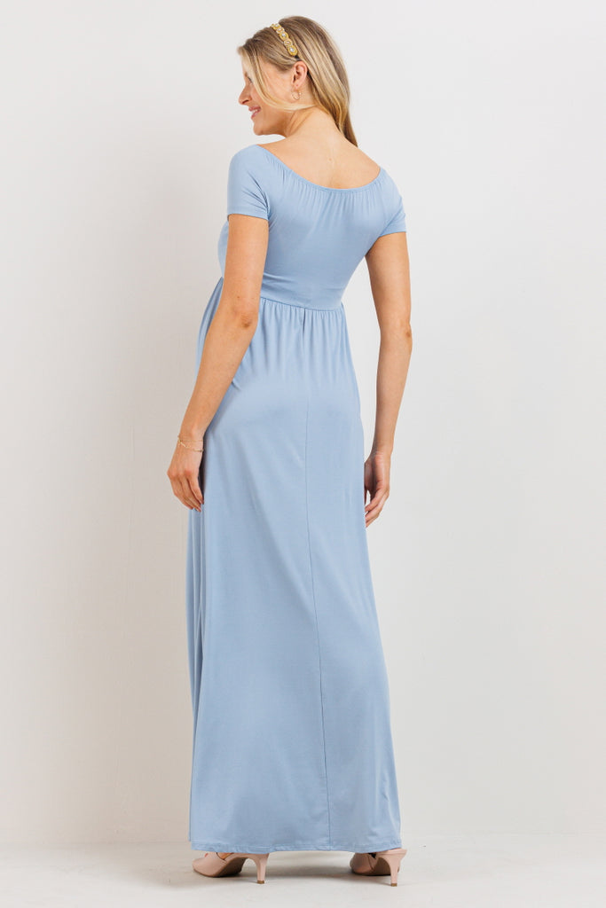 Chambray Off Shoulder Surplice Maternity Maxi Dress