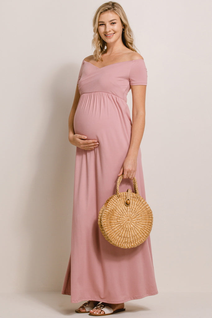 Mauve Off Shoulder Surplice Maternity Maxi Dress