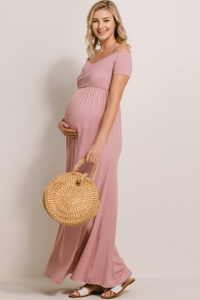 Mauve Off Shoulder Surplice Maternity Maxi Dress