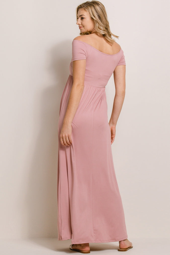 Mauve Off Shoulder Surplice Maternity Maxi Dress