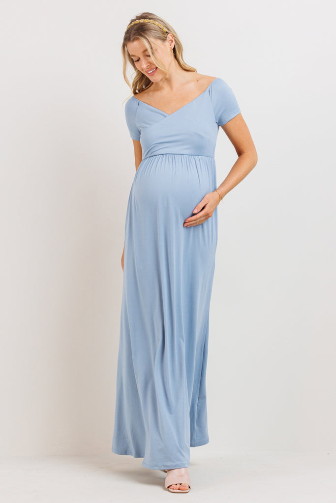 Chambray Off Shoulder Surplice Maternity Maxi Dress
