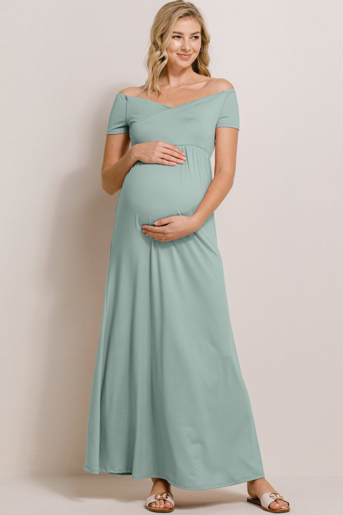 Sage Off Shoulder Surplice Maternity Maxi Dress