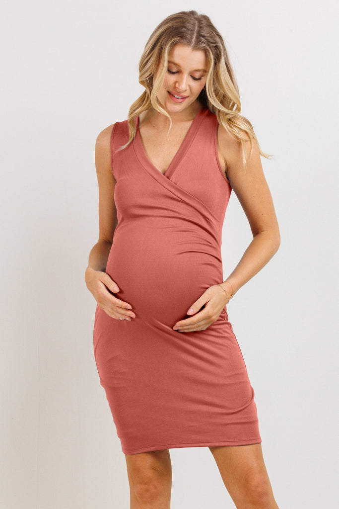 Rust V-Neck Ruched Maternity/Nursing Dress