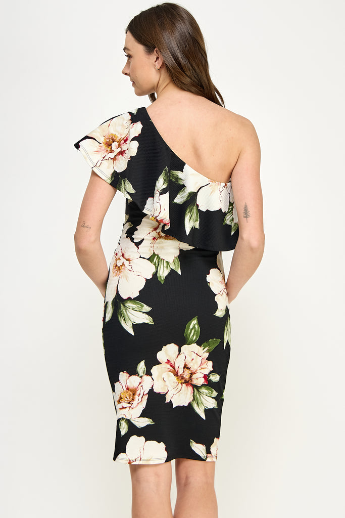 Black Ruffled One Shoulder Floral Maternity Dress