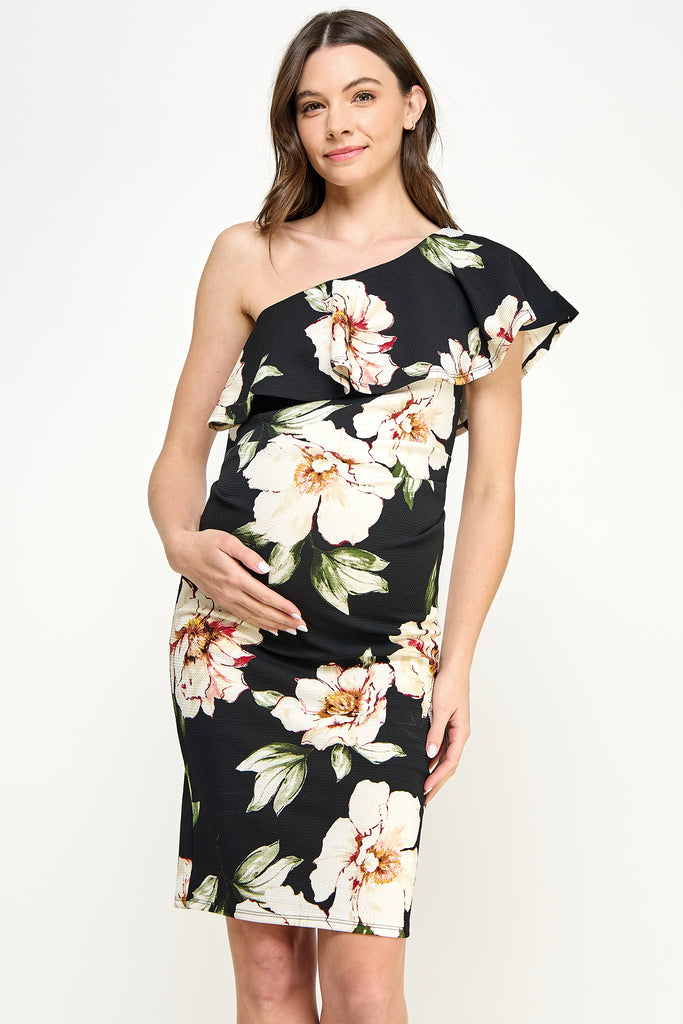 Black Ruffled One Shoulder Floral Maternity Dress