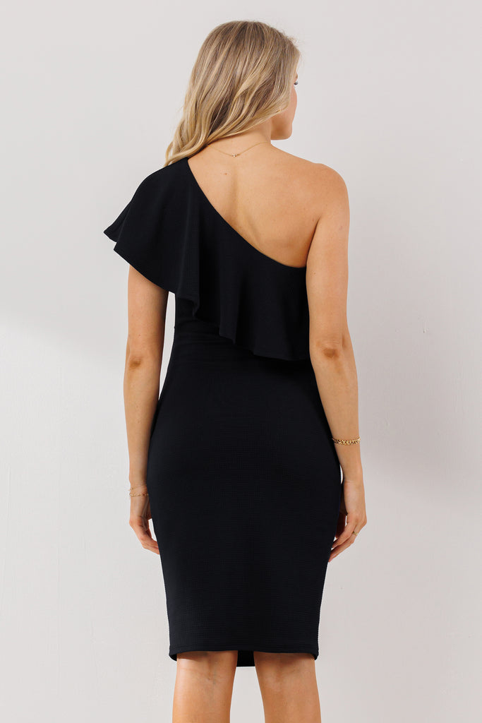 Black One Shoulder Ruffle Maternity Dress