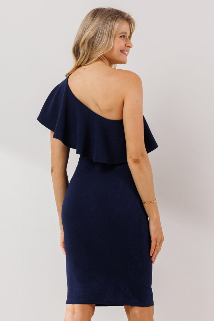 Navy One Shoulder Ruffle Maternity Dress