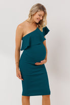 Teal One Shoulder Ruffle Maternity Dress