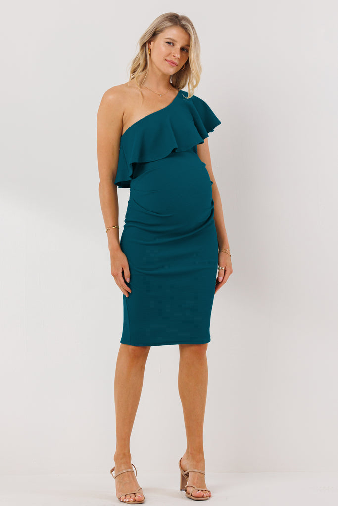 Teal One Shoulder Ruffle Maternity Dress