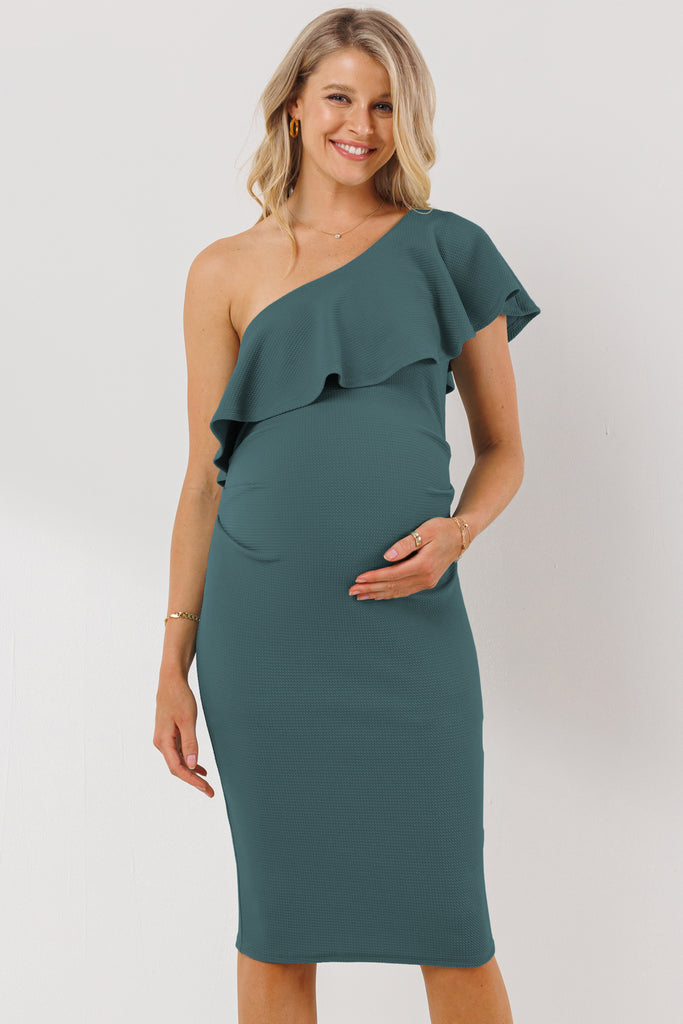 Turquoise One Shoulder Ruffle Maternity Dress