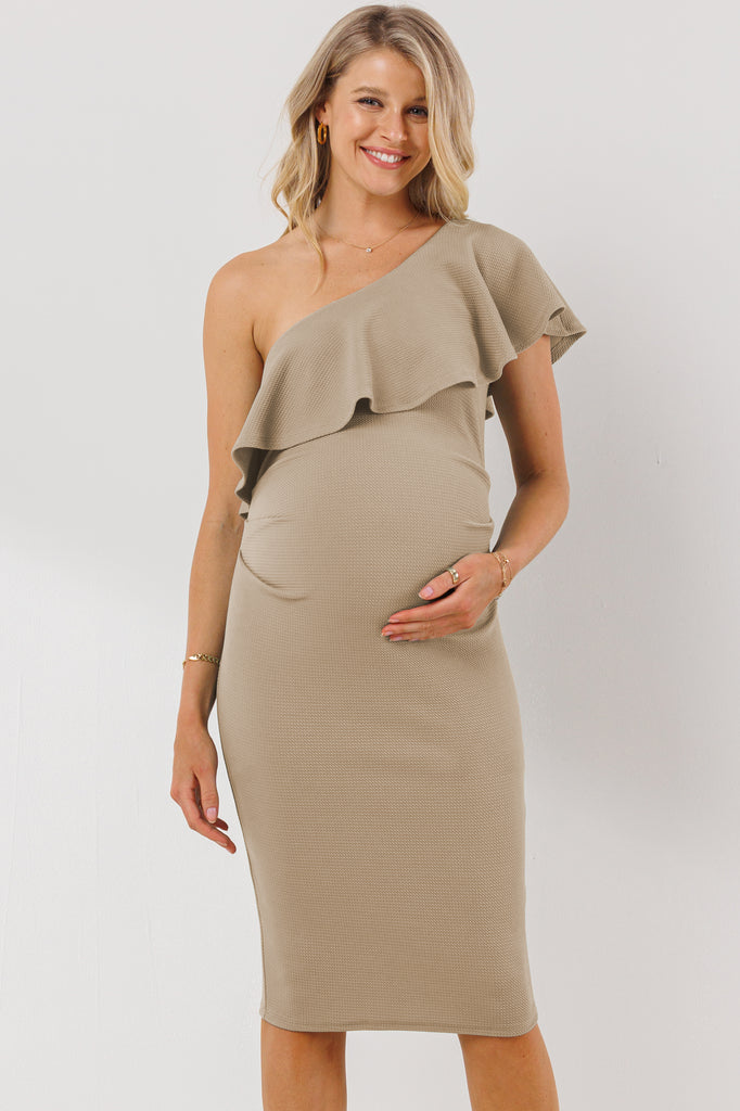 Taupe One Shoulder Ruffle Maternity Dress