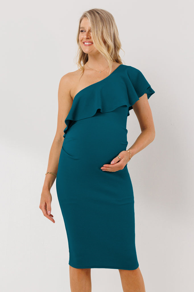 Teal One Shoulder Ruffle Maternity Dress