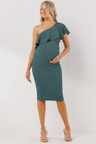 Turquoise One Shoulder Ruffle Maternity Dress