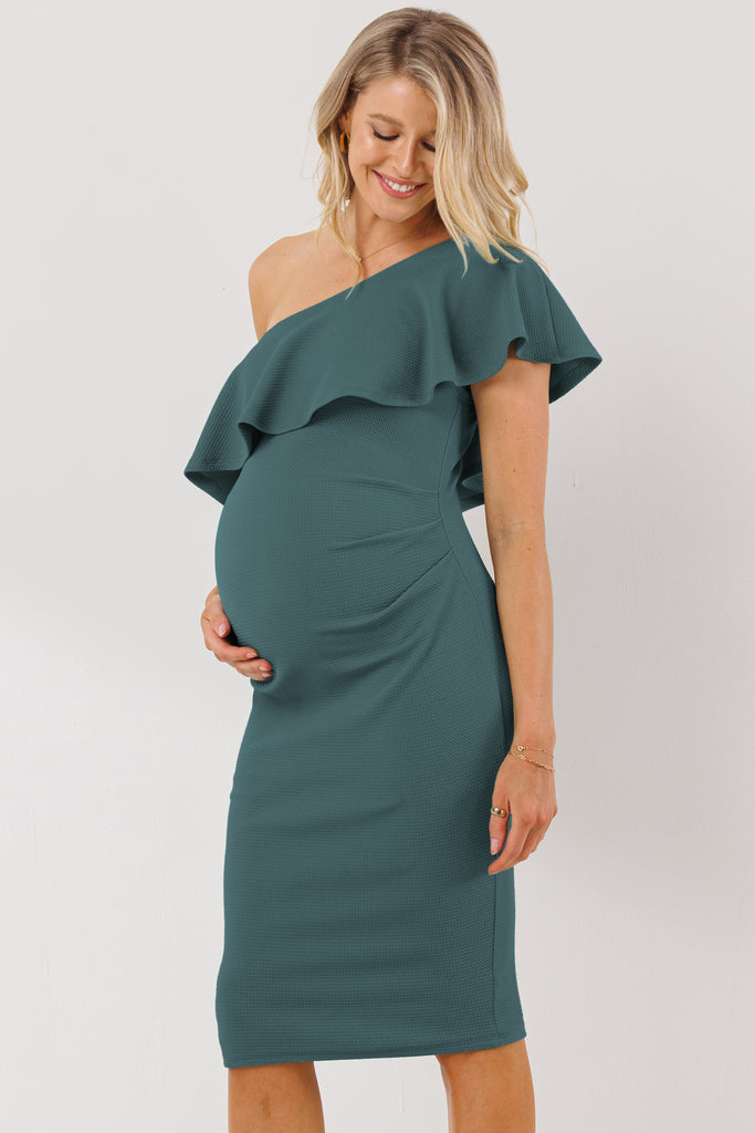 Turquoise One Shoulder Ruffle Maternity Dress