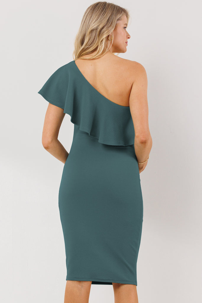 Turquoise One Shoulder Ruffle Maternity Dress