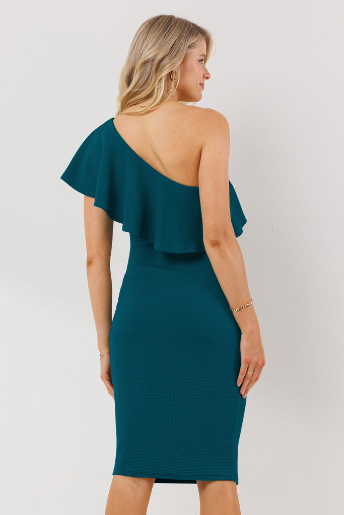 Teal One Shoulder Ruffle Maternity Dress