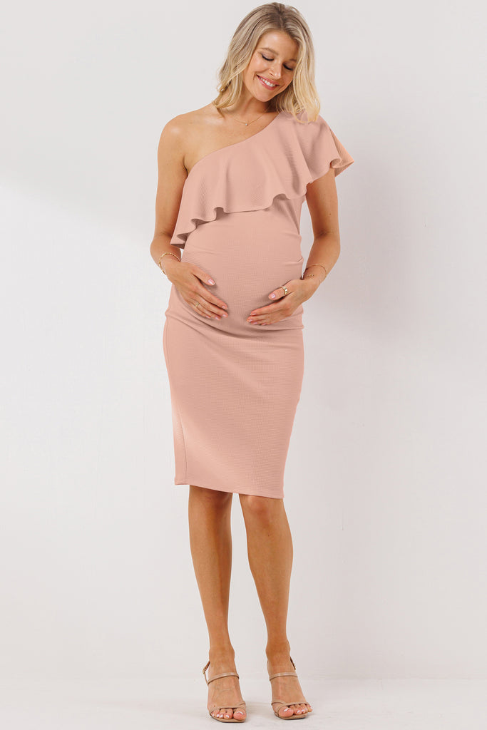 Mauve One Shoulder Ruffle Maternity Dress