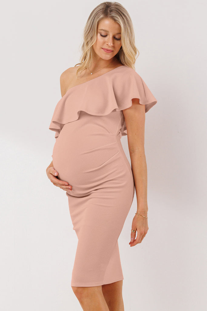 Mauve One Shoulder Ruffle Maternity Dress