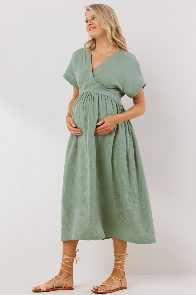 Sage Waist Tie Maternity/Nursing Wrap Dress