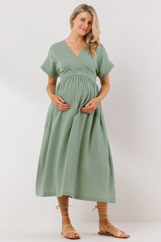 Sage Waist Tie Maternity/Nursing Wrap Dress