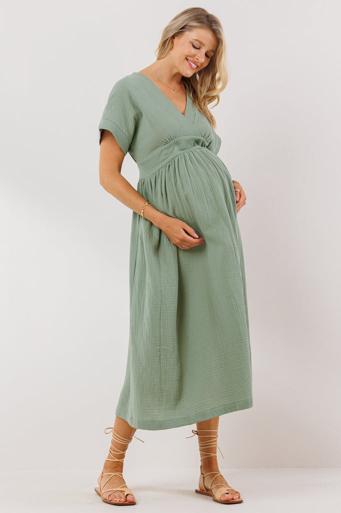 Sage Waist Tie Maternity/Nursing Wrap Dress