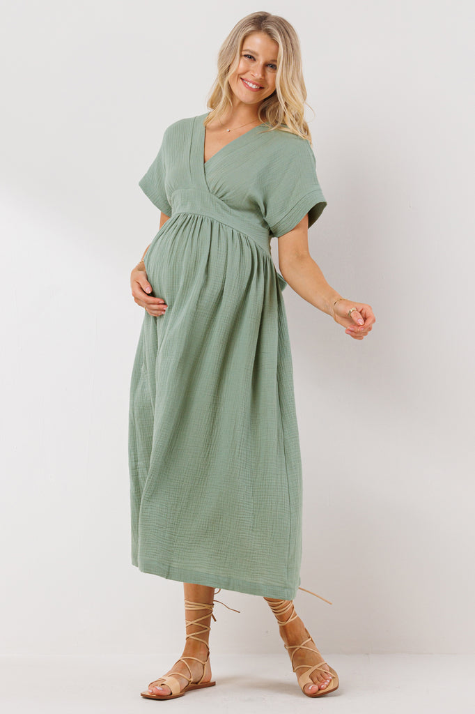 Sage Waist Tie Maternity/Nursing Wrap Dress