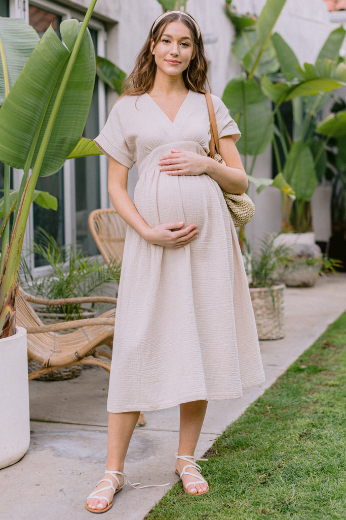 Taupe Waist Tie Maternity/Nursing Wrap Dress