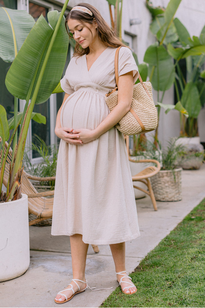 Taupe Waist Tie Maternity/Nursing Wrap Dress