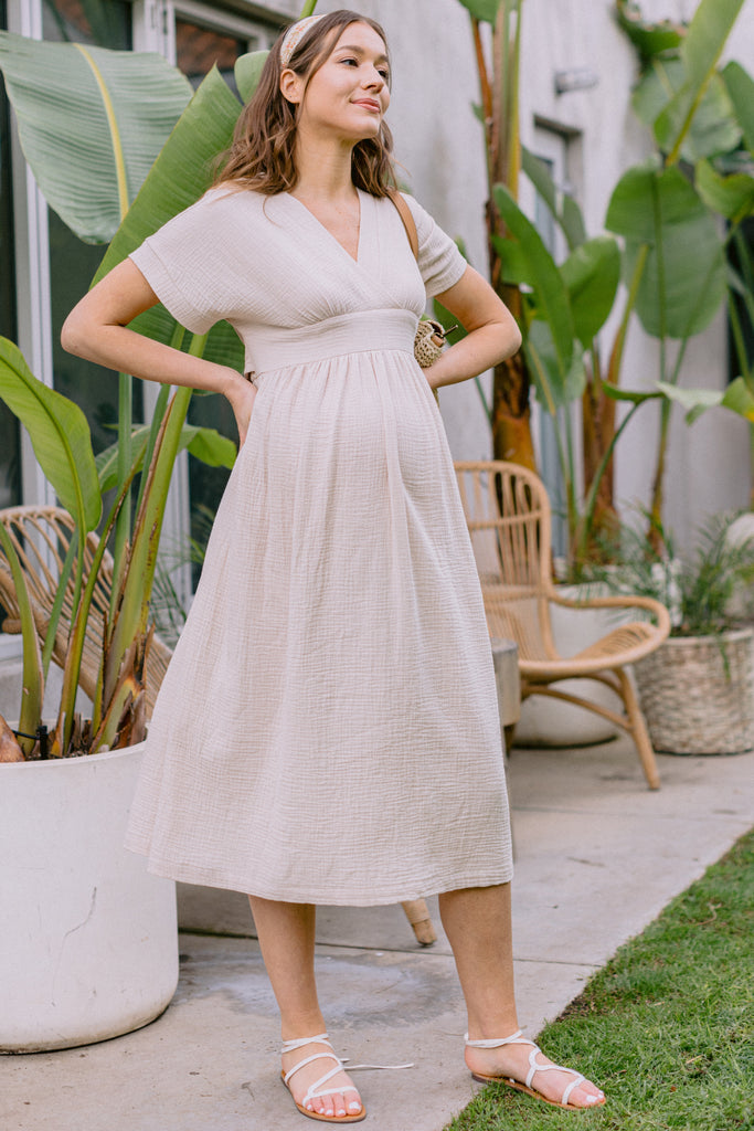 Taupe Waist Tie Maternity/Nursing Wrap Dress