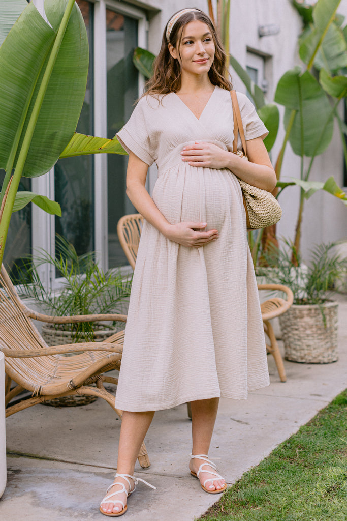 Taupe Waist Tie Maternity/Nursing Wrap Dress