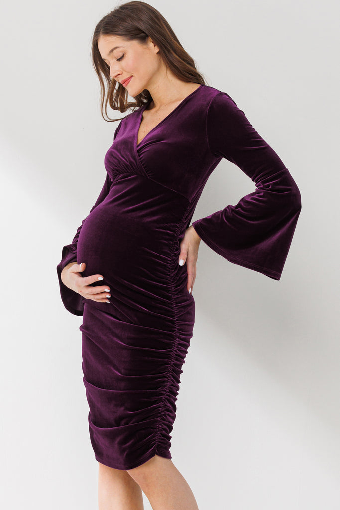 Eggplant V-Neck Bell Sleeve Maternity Dress *NURSING FRIENDLY*
