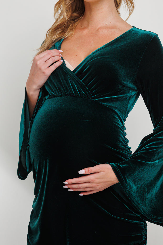 Hunter Green V-Neck Bell Sleeve Maternity Dress *NURSING FRIENDLY*