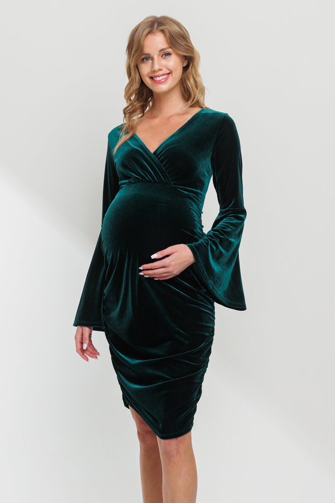 Hunter Green V-Neck Bell Sleeve Maternity Dress *NURSING FRIENDLY*