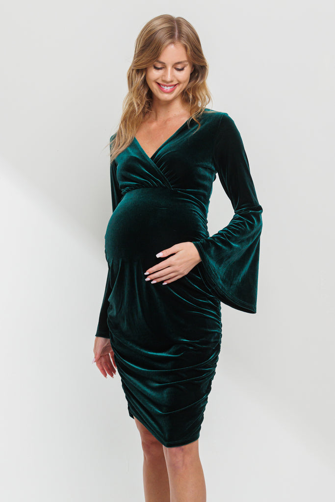 Hunter Green V-Neck Bell Sleeve Maternity Dress *NURSING FRIENDLY*